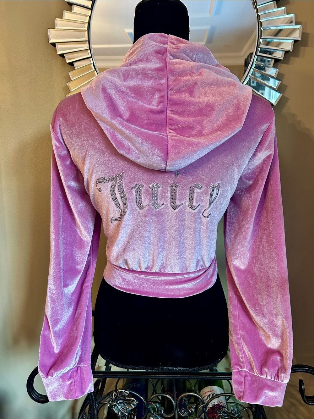 Juicy Couture Pink Velvet Rhinestone Logo Cropped Hoodie Jacket